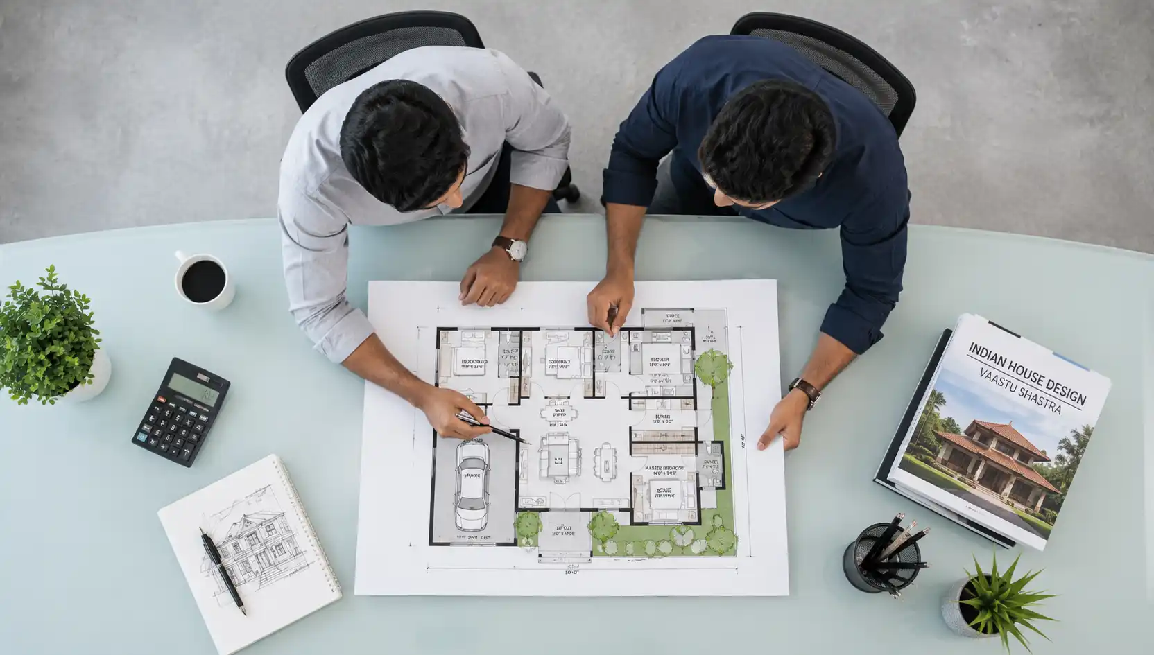 Architects reviewing house floor plan and blueprint design at FIYO Studio