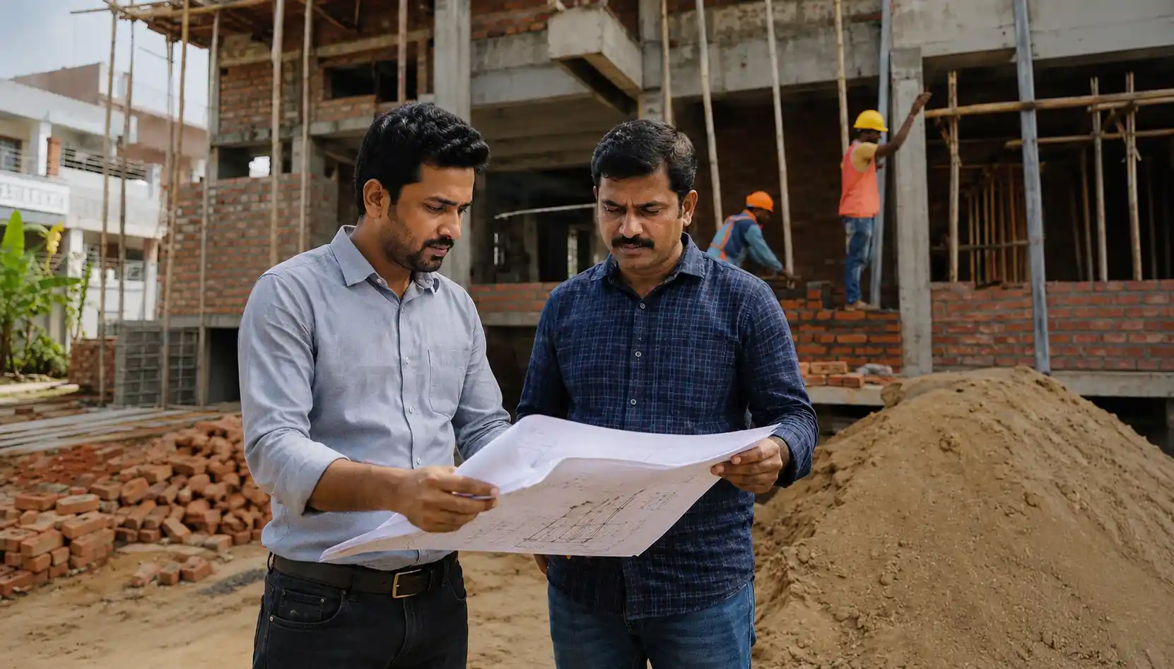 FIYO Studio site engineer and contractor reviewing building plan at construction site