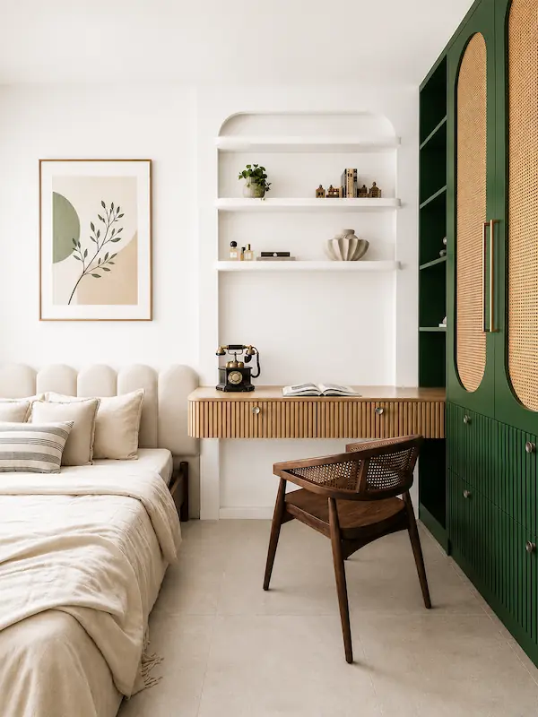 bedroom-study-nook-green-cane-wardrobe-fiyo.webp 2-storey concrete residential house with rooftop terrace garden and pergola in Chennai by FIYO Studio