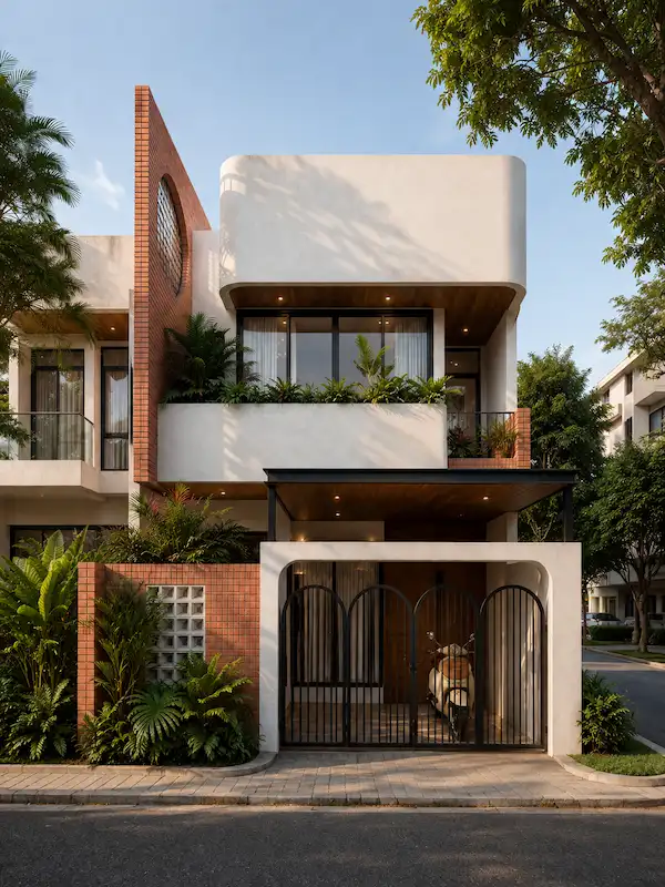 Independent house exterior design with red brick and white curved facade, arched gate entrance in Chennai by FIYO Studio