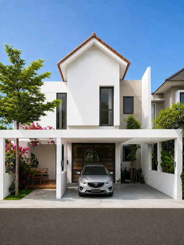 Modern white two-storey house design with terracotta roof and carport in Chennai by FIYO Studio